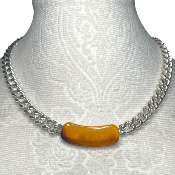 GIVENCHY VINTAGE SILVER TONE NECKLACE CHAIN FAUX AMBER 5/16 " X 16" - Picture 1 of 10